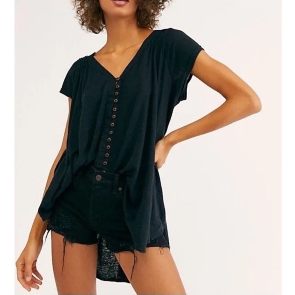 Free People Highland Short Sleeve Linen Blend Black Button-Down Tunic Top XS